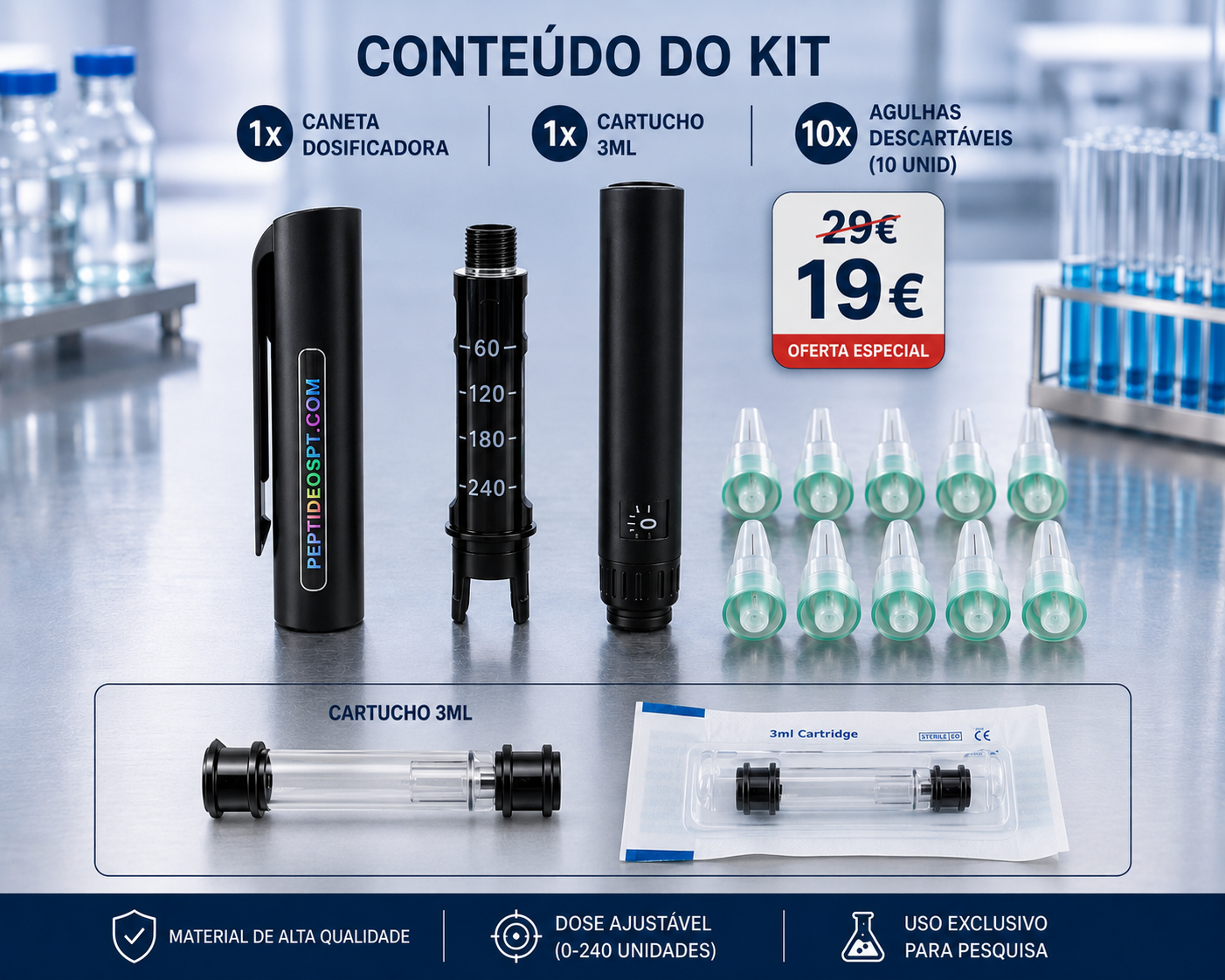 Caneta Dosificadora Vazia + Cartucho 3ml + 10 Agulhas